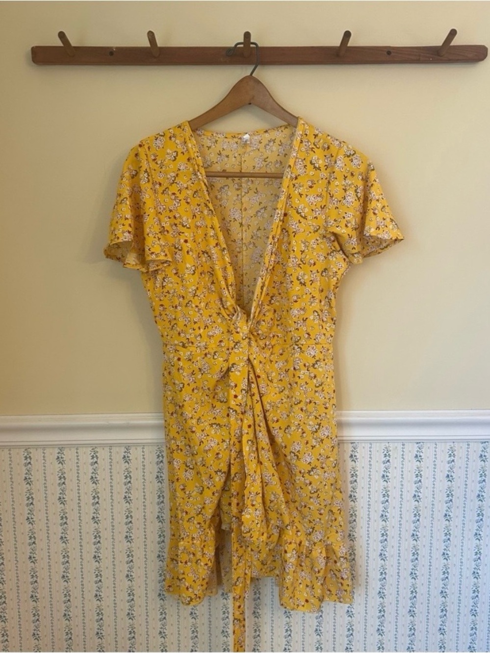 Yellow Floral Tie-Waist Wrap Dress